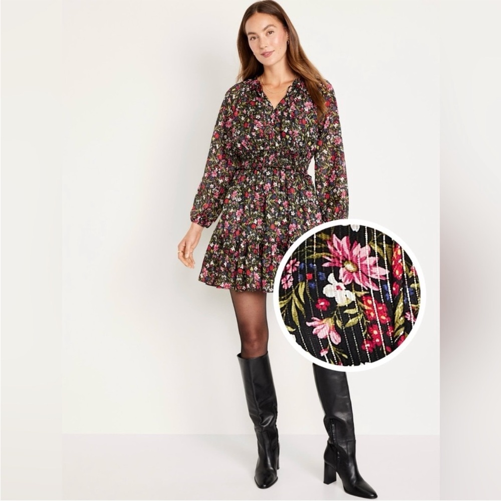 NWT Old Navy Women’s Black Floral Maternity Waist-Defined Smocked Dress - Picture 3 of 14